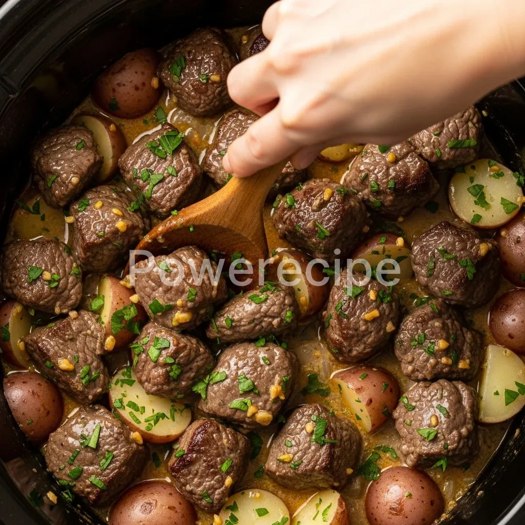 slow cooker garlic butter steak bites potatoes