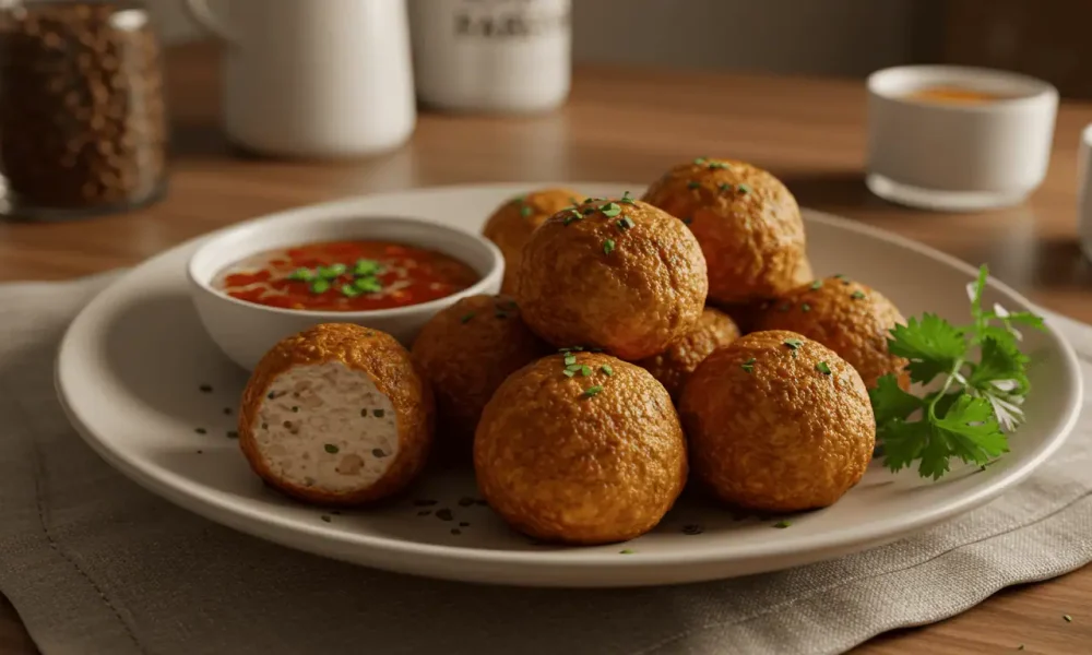 Air-fried Amylu chicken meatballs served on a plate