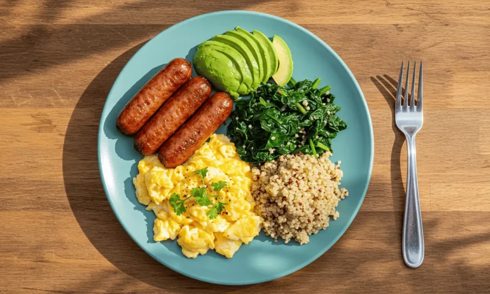 Healthy breakfast plate with turkey sausage, eggs, avocado, spinach, and quinoa