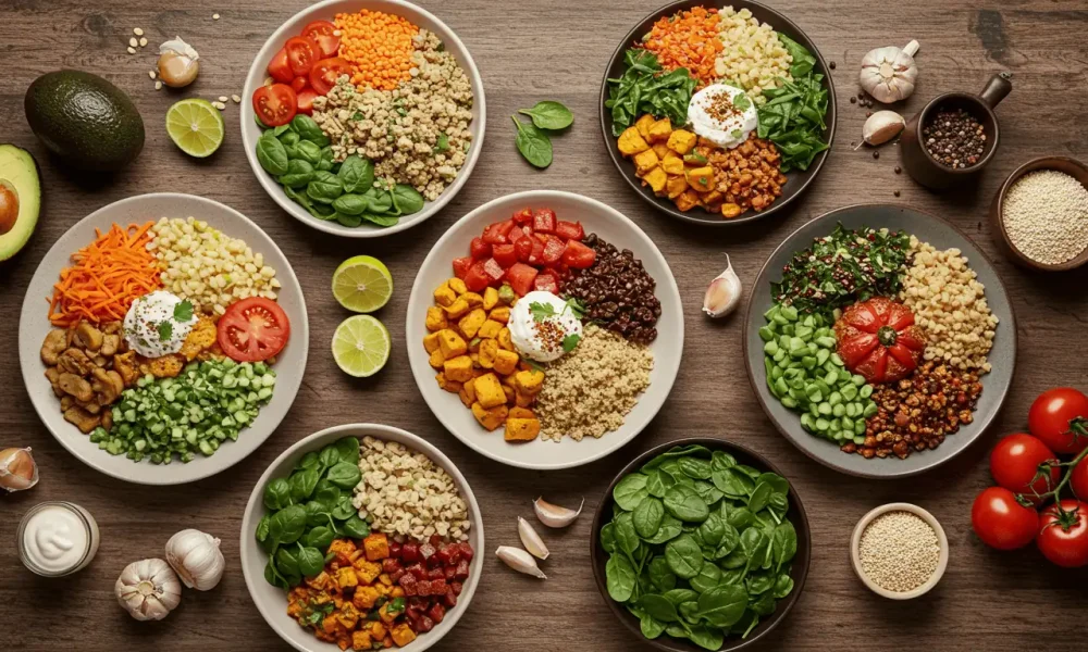 Top view of seven 30-minute low-cholesterol meals with heart-healthy ingredients like avocado, spinach, lentils, and quinoa