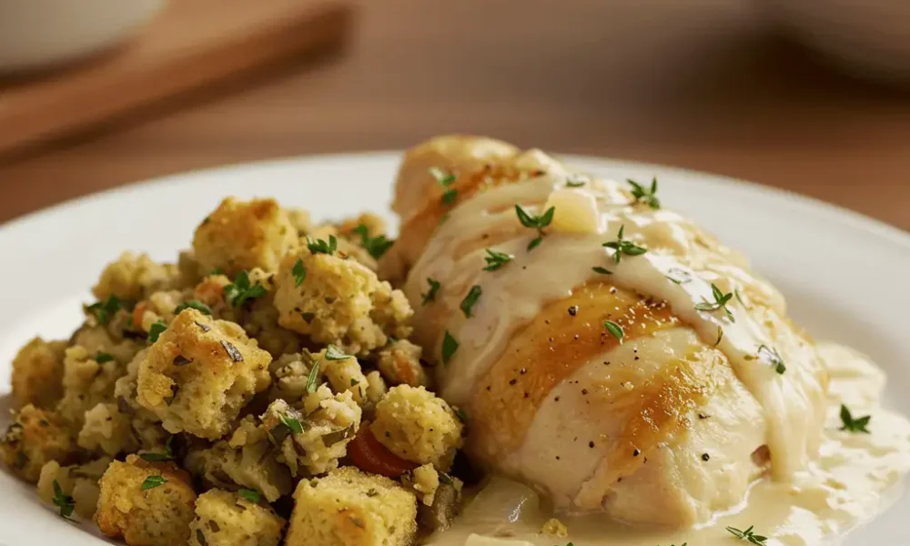4 Ingredient Slow Cooker Chicken and Stuffing Dinner Plate