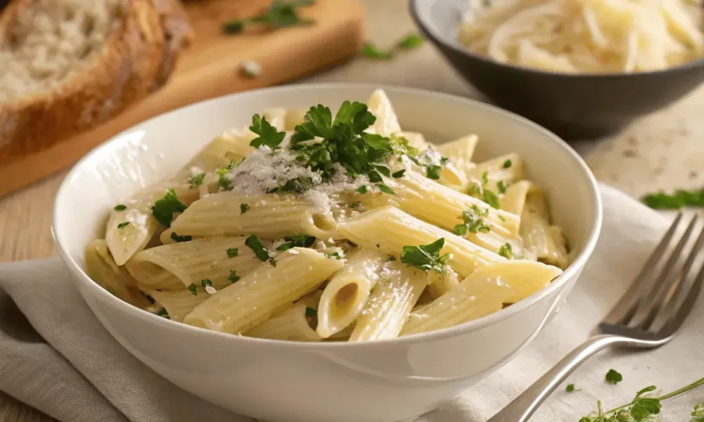Side view of a bowl of Alfredo penne pasta with parsley and parmesan