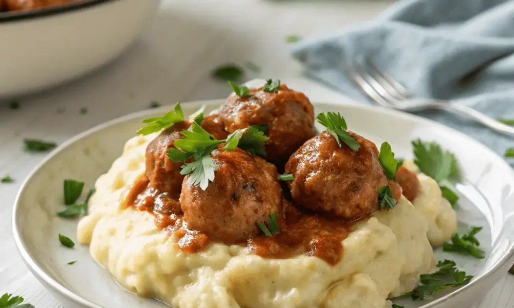 Side view of plated Amylu chicken meatballs with mashed potatoes and garnish