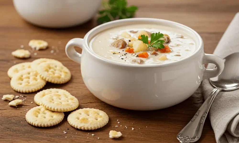 A warm bowl of Bar Harbor New England Clam Chowder garnished with parsley, surrounded by oyster crackers and served in a cozy kitchen setting.