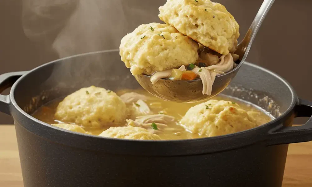 Side view of a pot filled with Bisquick chicken and dumplings, with fluffy dumplings floating in golden broth
