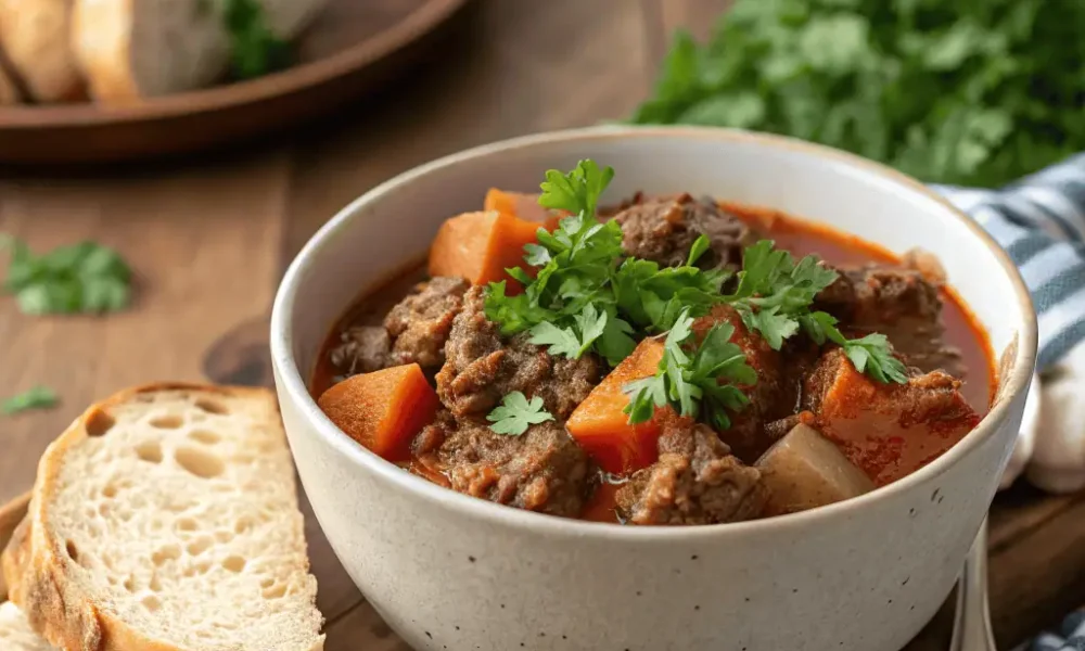 Bowl of ground beef crock pot stew with vegetables and parsley, side view