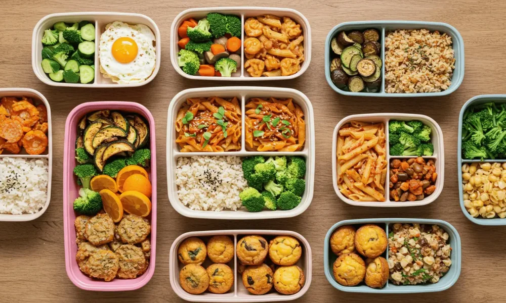 Top view of 11 budget-friendly meal prep containers with a variety of healthy meals for the week
