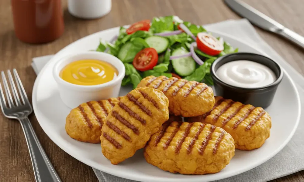 Plate of homemade Chick Fil A grilled nuggets with fresh salad and sauces.