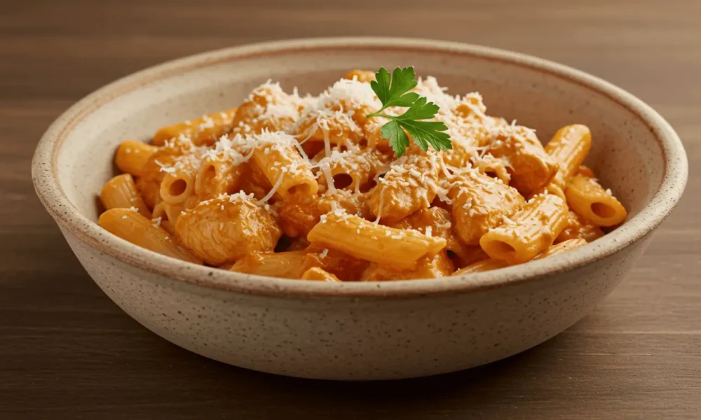 Creamy chicken riggies pasta garnished with herbs and cheese.