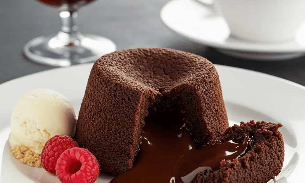 Side view of molten lava cake with flowing chocolate and ice cream