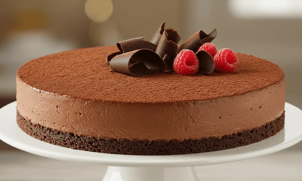 Chocolate mousse cake on a cake stand with cocoa dusting and berries.