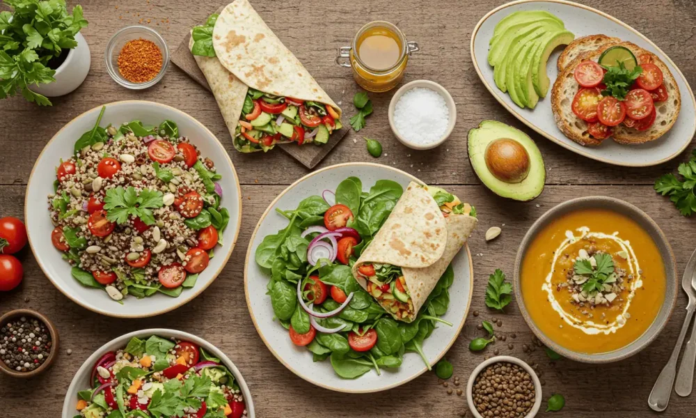 Assortment of colorful vegetarian lunch recipes including quinoa salad, veggie wrap, and avocado toast on a rustic table