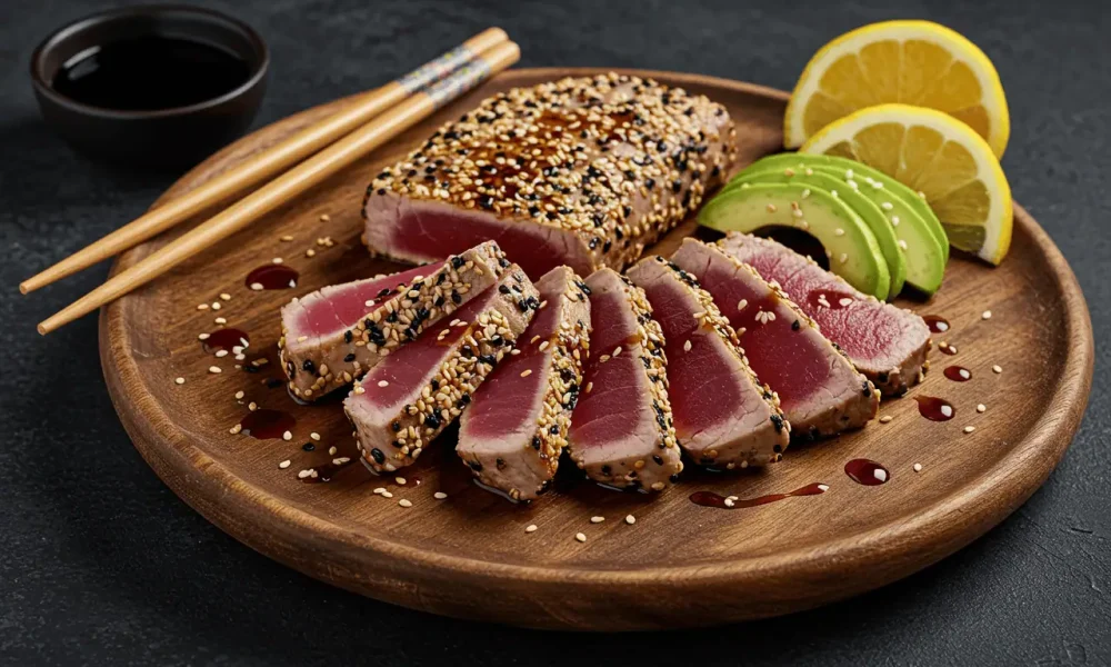 Grilled ahi tuna steak sliced with sesame and avocado garnish