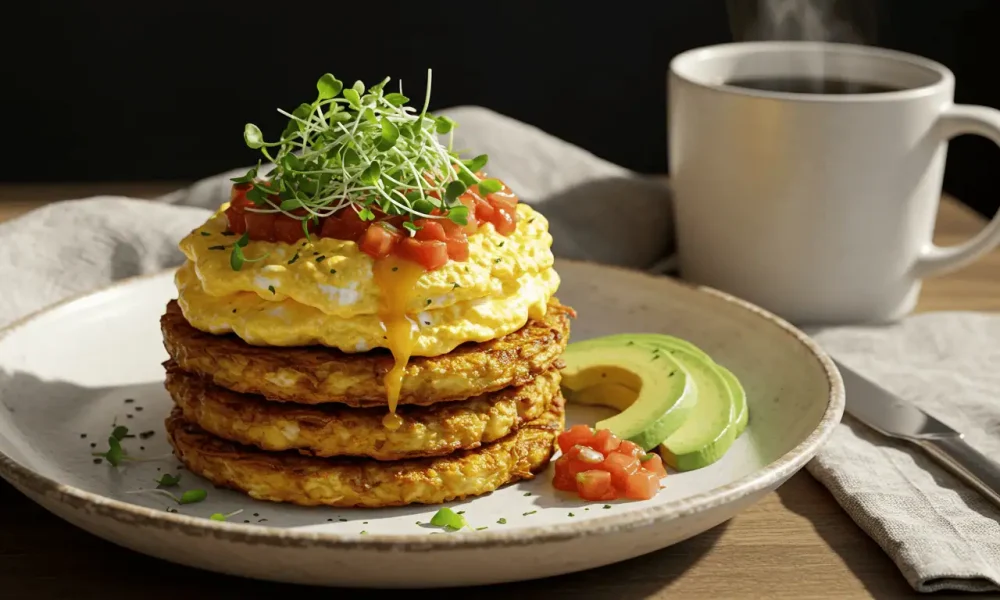 Final presentation of hash browns and eggs recipe with garnishes on a plate