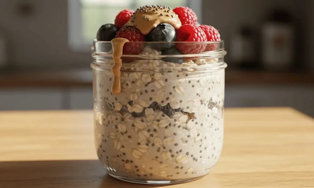 Jar of high-protein overnight oats with berries and peanut butter, side view