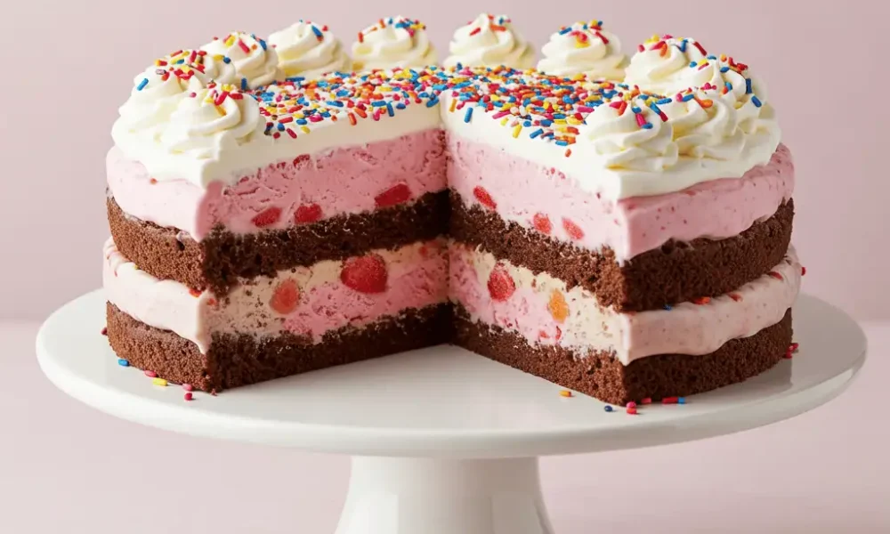 Homemade ice cream cake with chocolate fudge and whipped cream topping