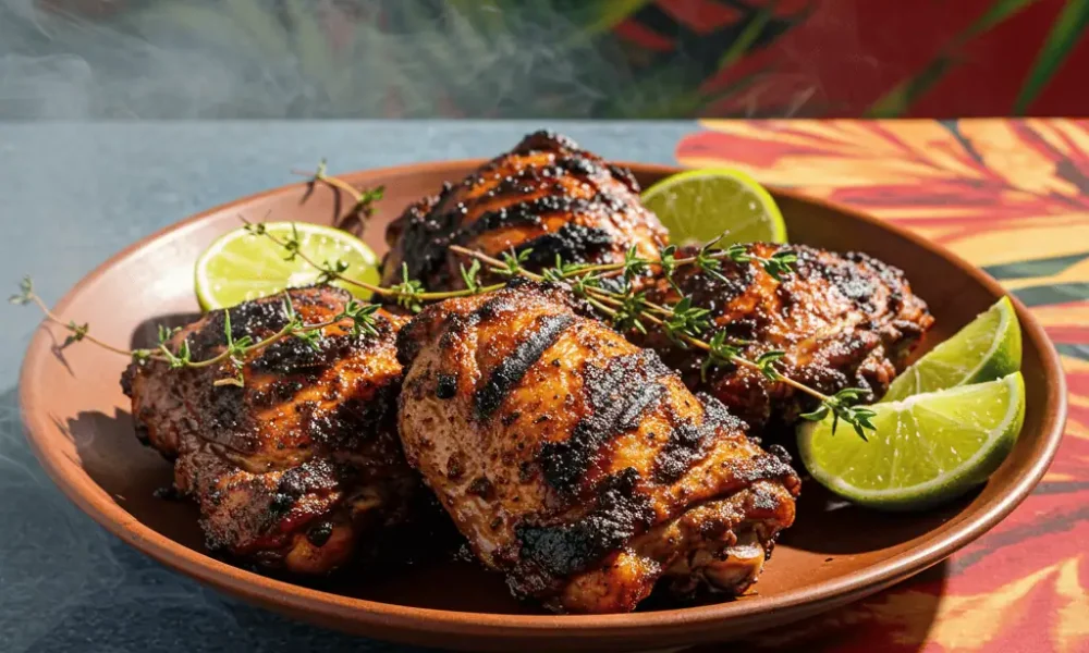Authentic Jamaican jerk chicken with lime wedges and fresh herbs on a rustic plate.