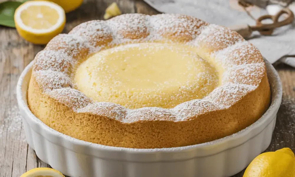 Golden lemon pudding cake with powdered sugar in a white baking dish on rustic table