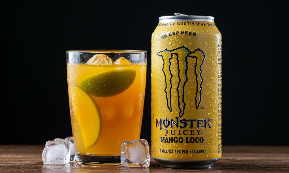 Can of Monster Juice with tropical fruit drink in a glass, side view