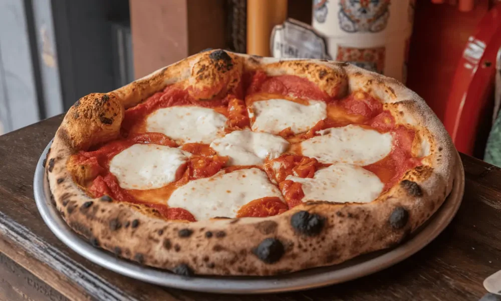 Authentic Neapolitan pizza on rustic table in Naples with traditional ingredients.