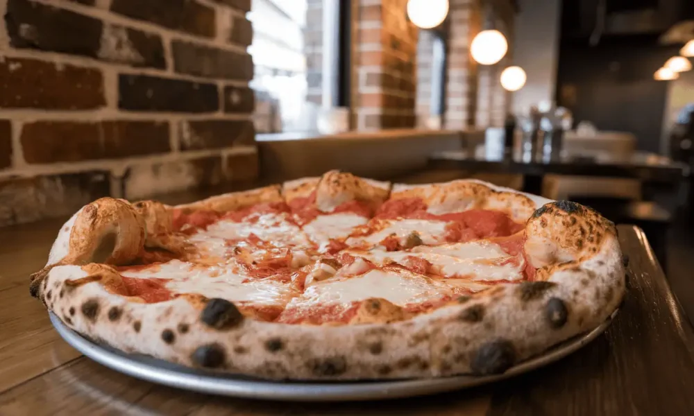 New York Style Pizza in a Latham pizzeria with thin crust and melted mozzarella on a wooden table