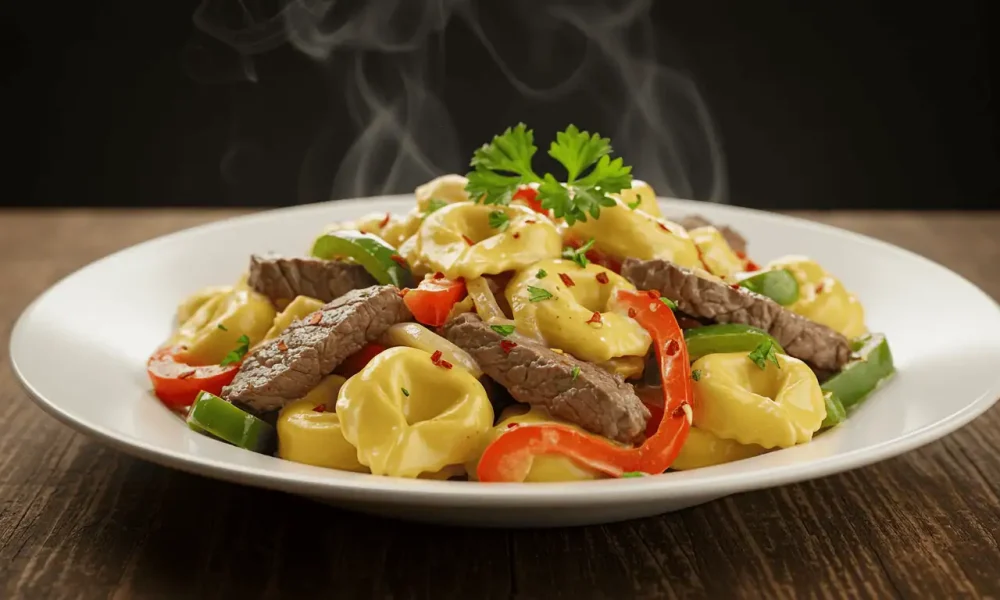 Philly Cheesesteak Tortellini Pasta plated with steak, peppers, onions, and creamy melted cheese.