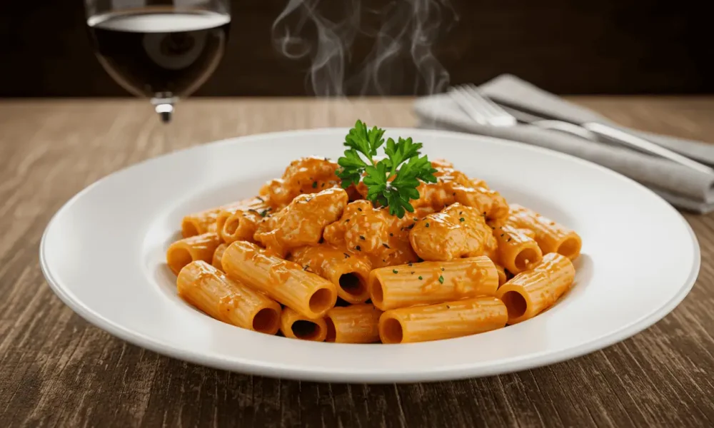 Spicy Chicken Riggies served with creamy tomato sauce and parsley
