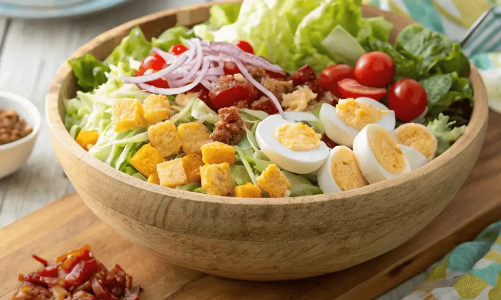 Fresh American salad with lettuce, bacon, eggs, tomatoes, cheese, and ranch dressing in a wooden bowl – perfect for summer meals