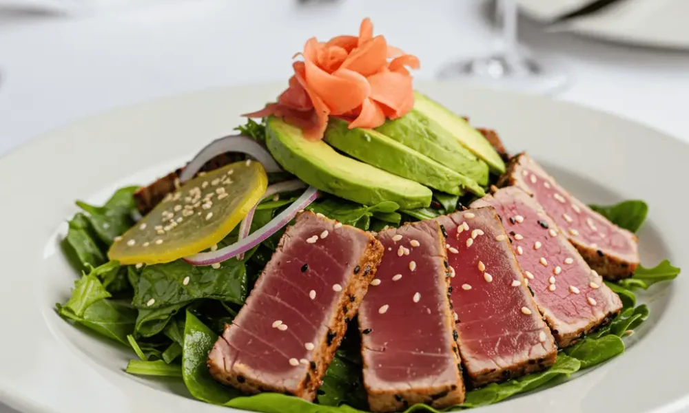 Seared ahi tuna steak sliced to show pink center, garnished with sesame seeds and lime.