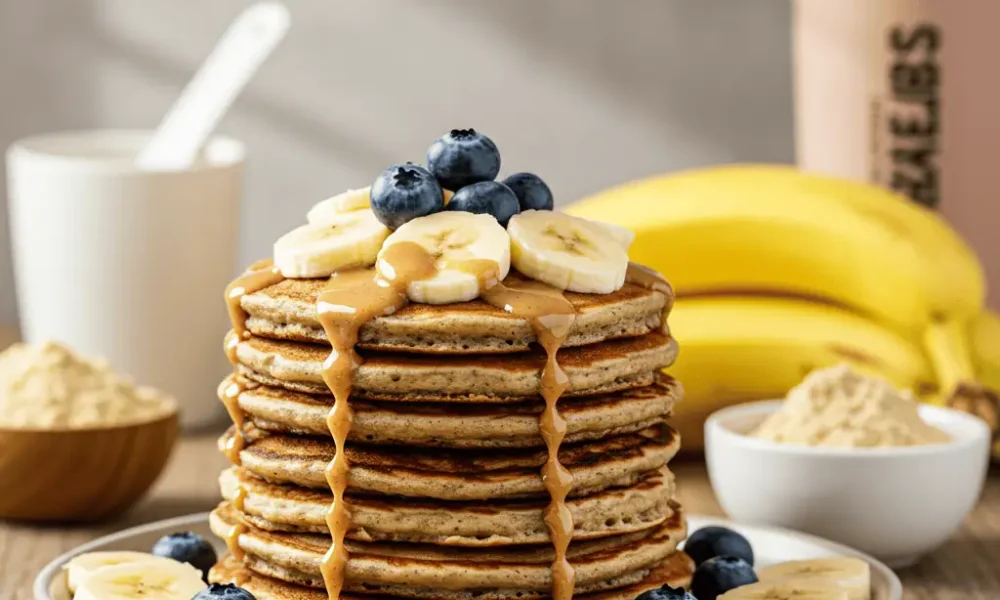Stack of fluffy banana protein pancakes topped with sliced bananas and blueberries, drizzled with almond butter on a wooden breakfast table