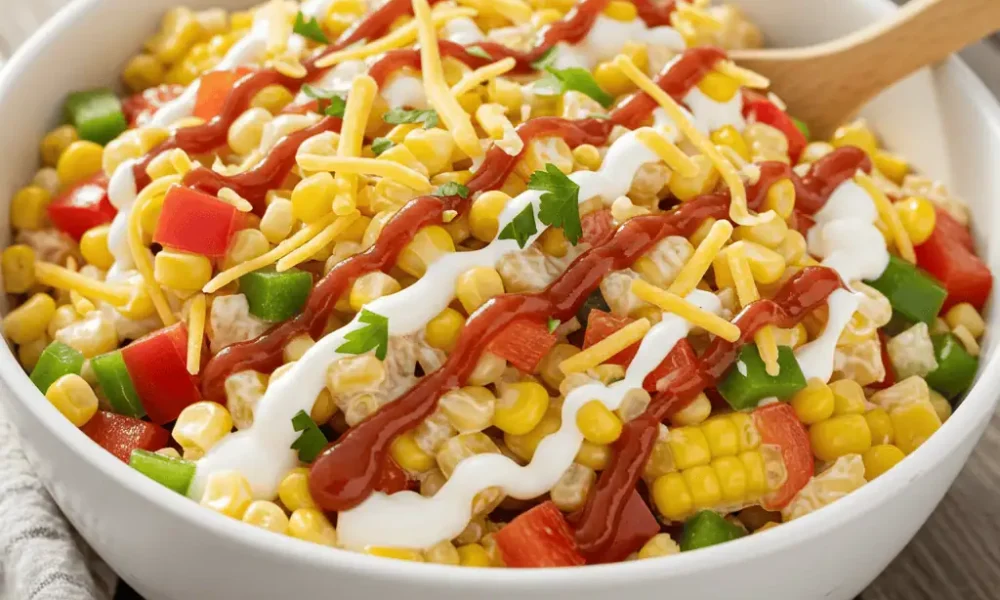 barbecue ranch frito corn salad in bowl close up