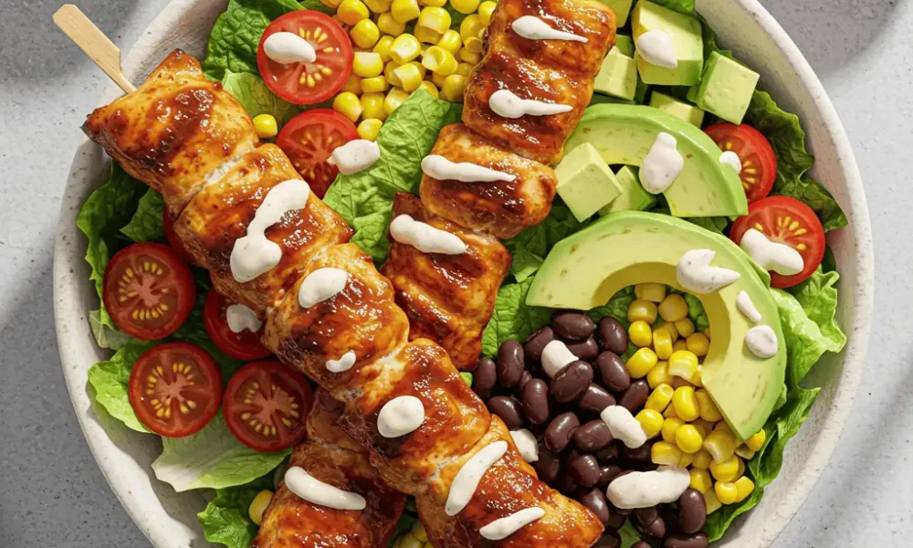 BBQ Chicken Skewer Salad in a bowl with grilled chicken and fresh toppings