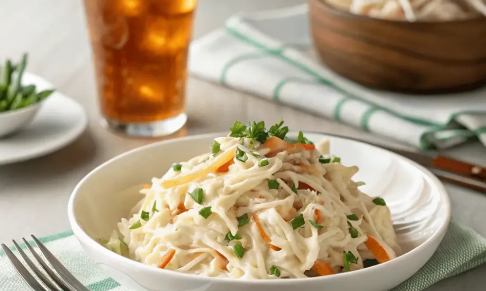 Elegant serving of creamy coleslaw with ranch dressing on a set dinner table.