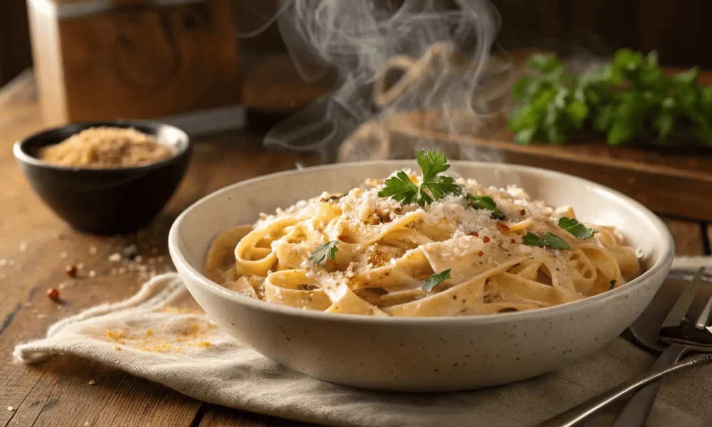 Bowl of creamy Cajun fettuccine alfredo garnished with parsley and Parmesan.