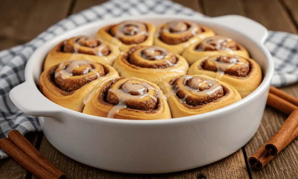 Freshly baked cake mix cinnamon rolls with glaze in a white ceramic dish