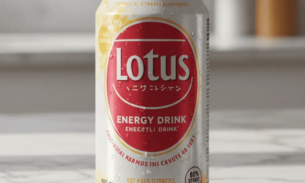 Canned Lotus energy drink on kitchen counter
