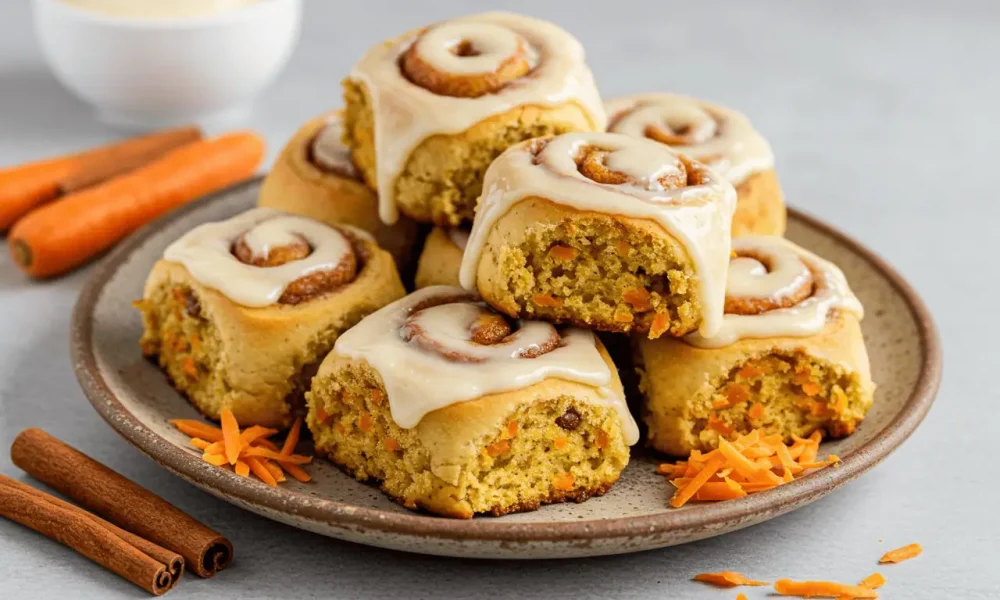 Carrot cake cinnamon rolls with cream cheese glaze on rustic plate