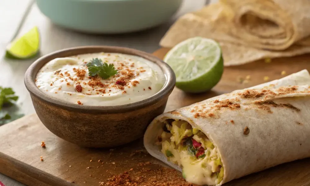 Side view of creamy breakfast burrito sauce in a rustic bowl beside a sliced burrito on a wooden table.