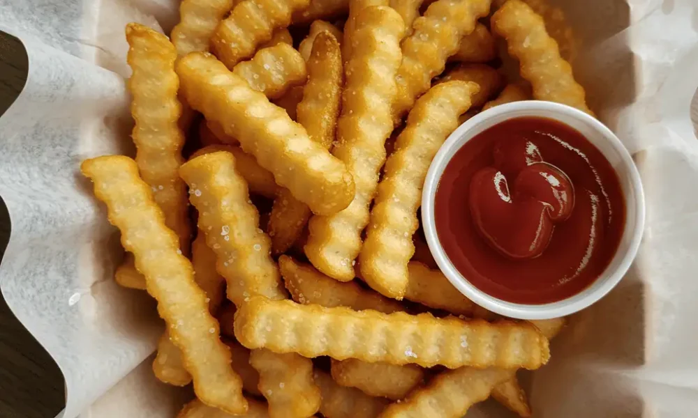 crispy crinkle french fries in basket with ketchup