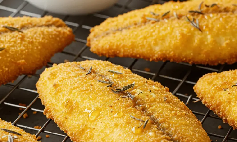 Crispy fish fillets with golden crust on wire rack