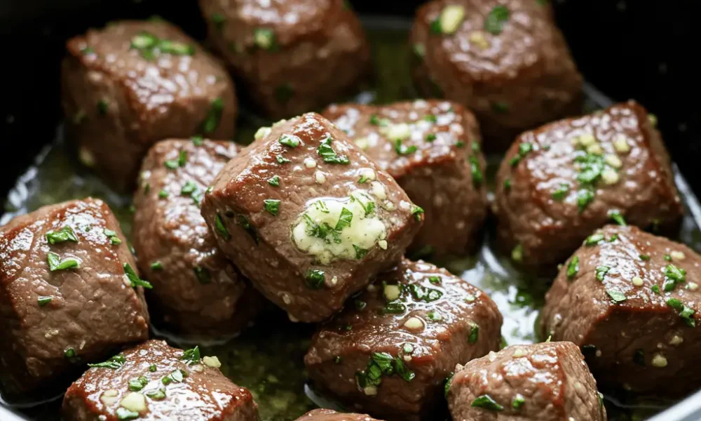Crock pot garlic butter steak bites in slow cooker