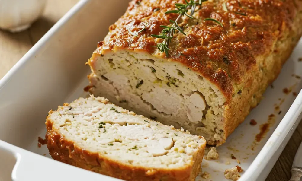 easy chicken meatloaf recipe in a rustic white baking dish