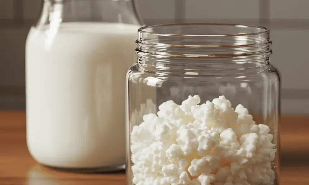 fresh kefir grains in a glass jar