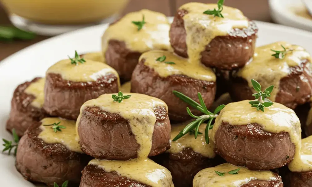 garlic butter steak bites with parmesan cream sauce served hot