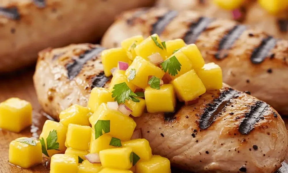 A close-up shot of grilled turkey tenderloins served on a wooden board with mango salsa on top, taken with Samsung S24 Ultra, vibrant lighting