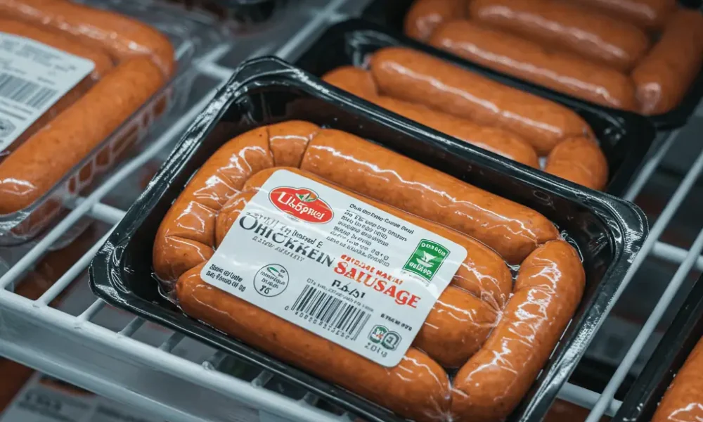 Halal chicken sausage packaging in grocery store