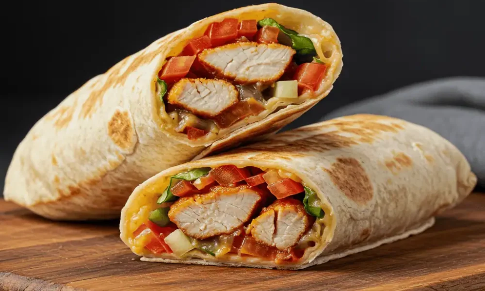 Halal chicken wrap with garlic sauce served in pita