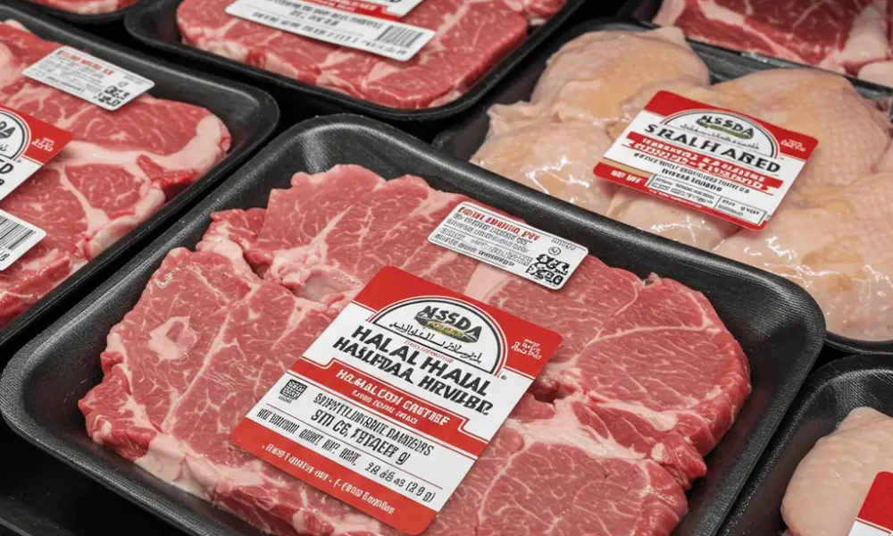 Halal meat in USA supermarket with certified labeling