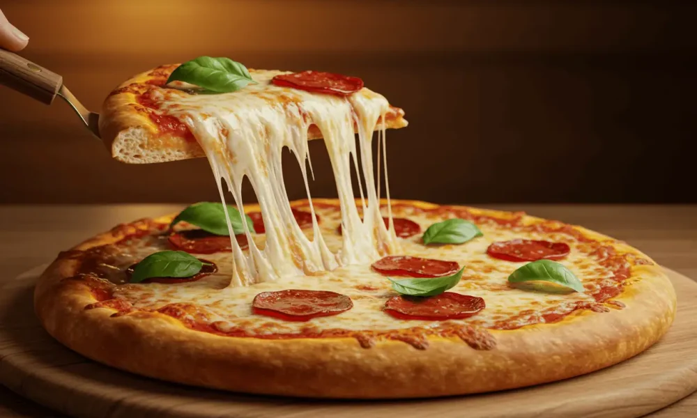 Halal pepperoni pizza with melted cheese and fresh basil.