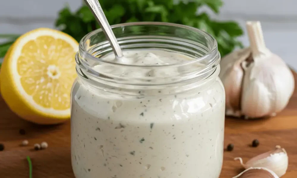 Halal white sauce recipe in a jar with garlic and herbs